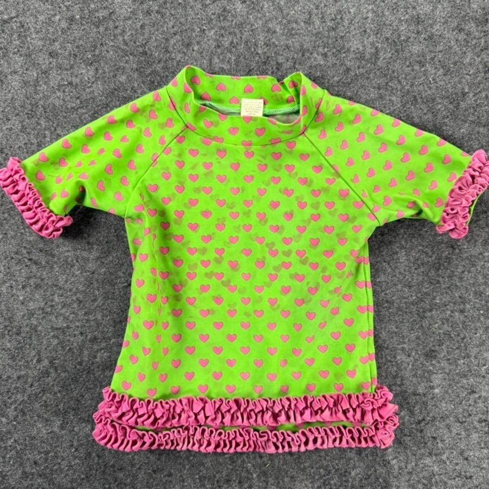 Ruffle Butts Green Hearts Rash Guard Swim Top Ruffle Trim Size 18-24 Months‎